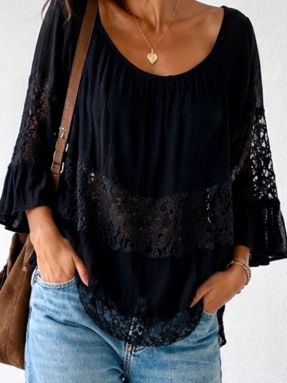 Free People Black Lace Trim Women's Top, Size S